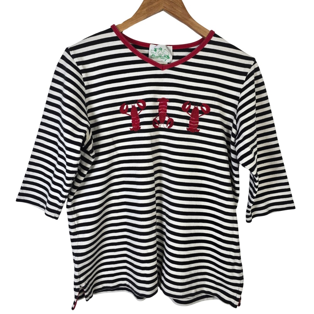 VTG Quacker Factory Striped Lobster Embroidered‎ V-Neck 3/4 Sleeve Top Medium